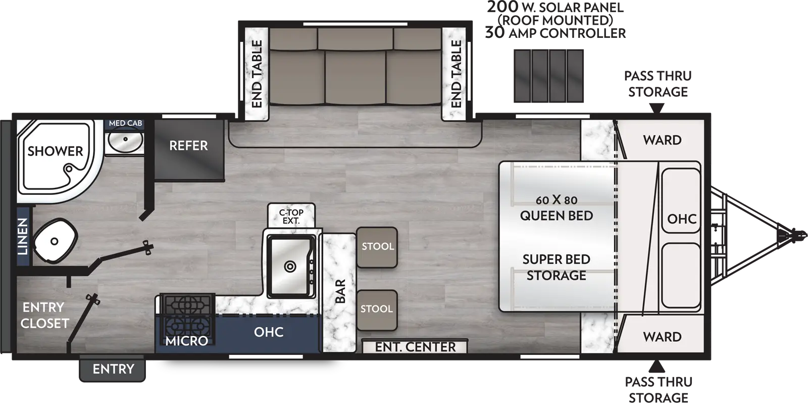 The 211RBS has one slide out on the off-door side and one entry door on the door side. Interior layout from front to back: front bedroom with foot facing queen bed, super storage under bed, overhead cabinet, and wardrobes on either side of the bed; kitchen living dining area with off-door side slide out containing sofa with end tables on either side; entertainment center on door side; door side kitchen containing two bar stools, countertop extension, sink, overhead cabinet, cook top stove, and microwave overhead; refrigerator on off-door side; rear off-door side bathroom; and rear door side entry closet.